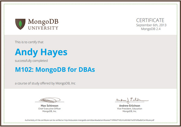 MongoDB certified DBA M102 certificate